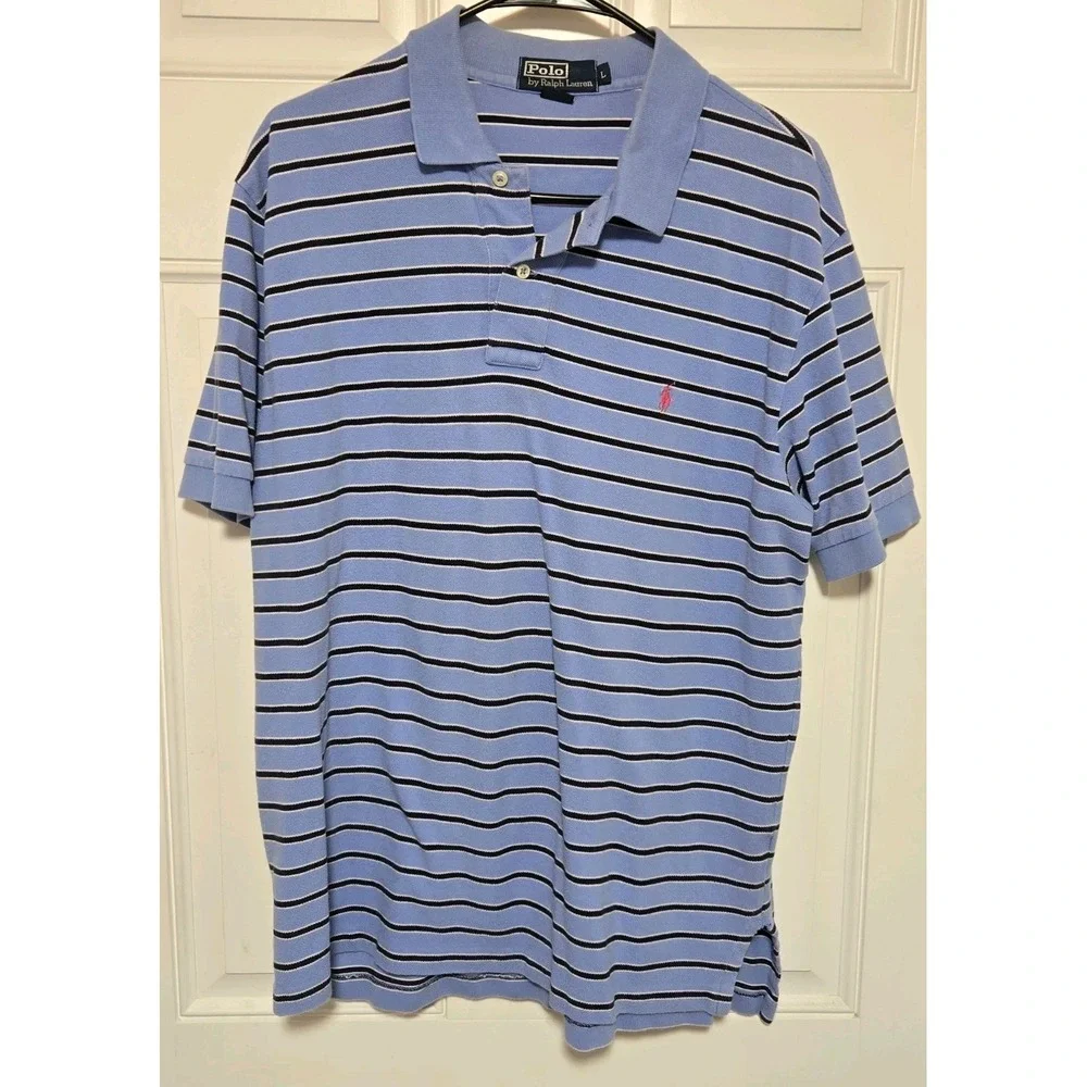 Polo Ralph Lauren Men's Vtg Polo Shirt Large Blue Pink Pony Short Sleeve Stripes